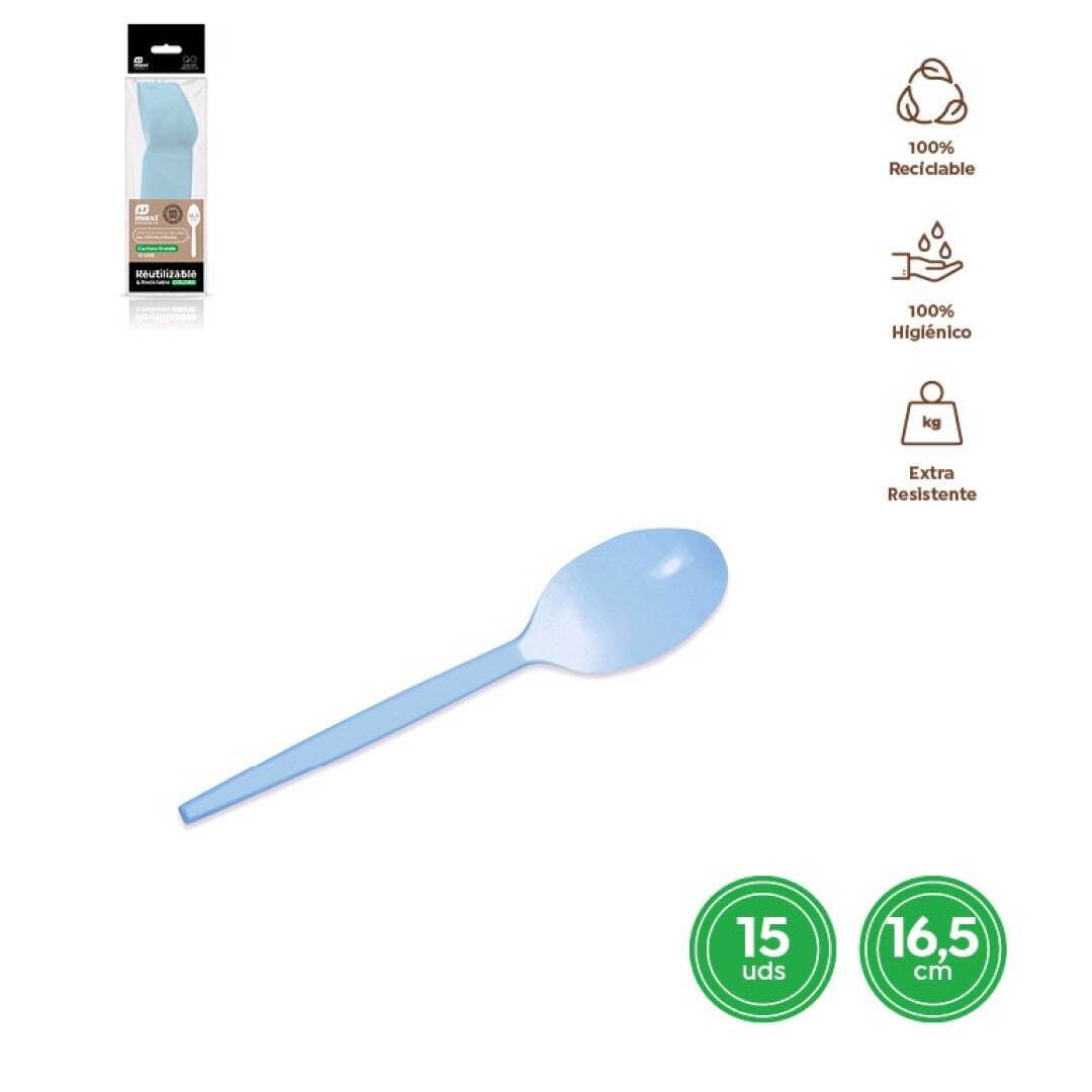 15 Colheres Reutilizáveis Azul Claro 16.5cm