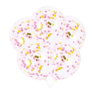 5 Balões com Confetis Rosa/Dourado 30cm