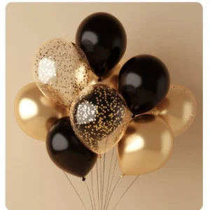 10 Balões Preto/Dourado e Confetis