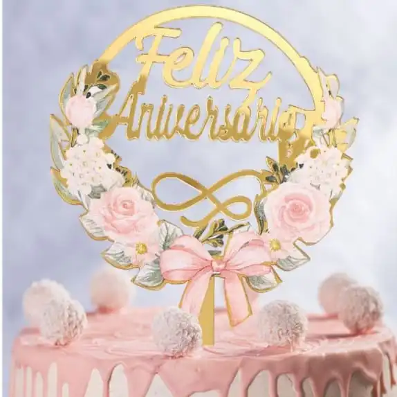 Topo Bolo Feliz Aniversário c/ Flores